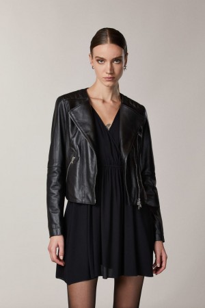 Patrizia Pepe Leather Biker Jacket With Top-stitching Pretas | 2041-ROMDG