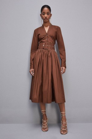 Patrizia Pepe Midi Flared Skirt With Belt Marrom | 7061-SATZJ