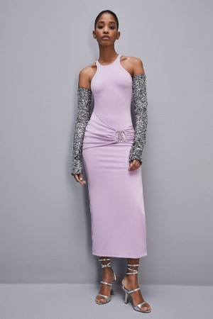 Patrizia Pepe Slim Dress In Jersey With Fly Rhinestones Roxo | 5018-BKLAV