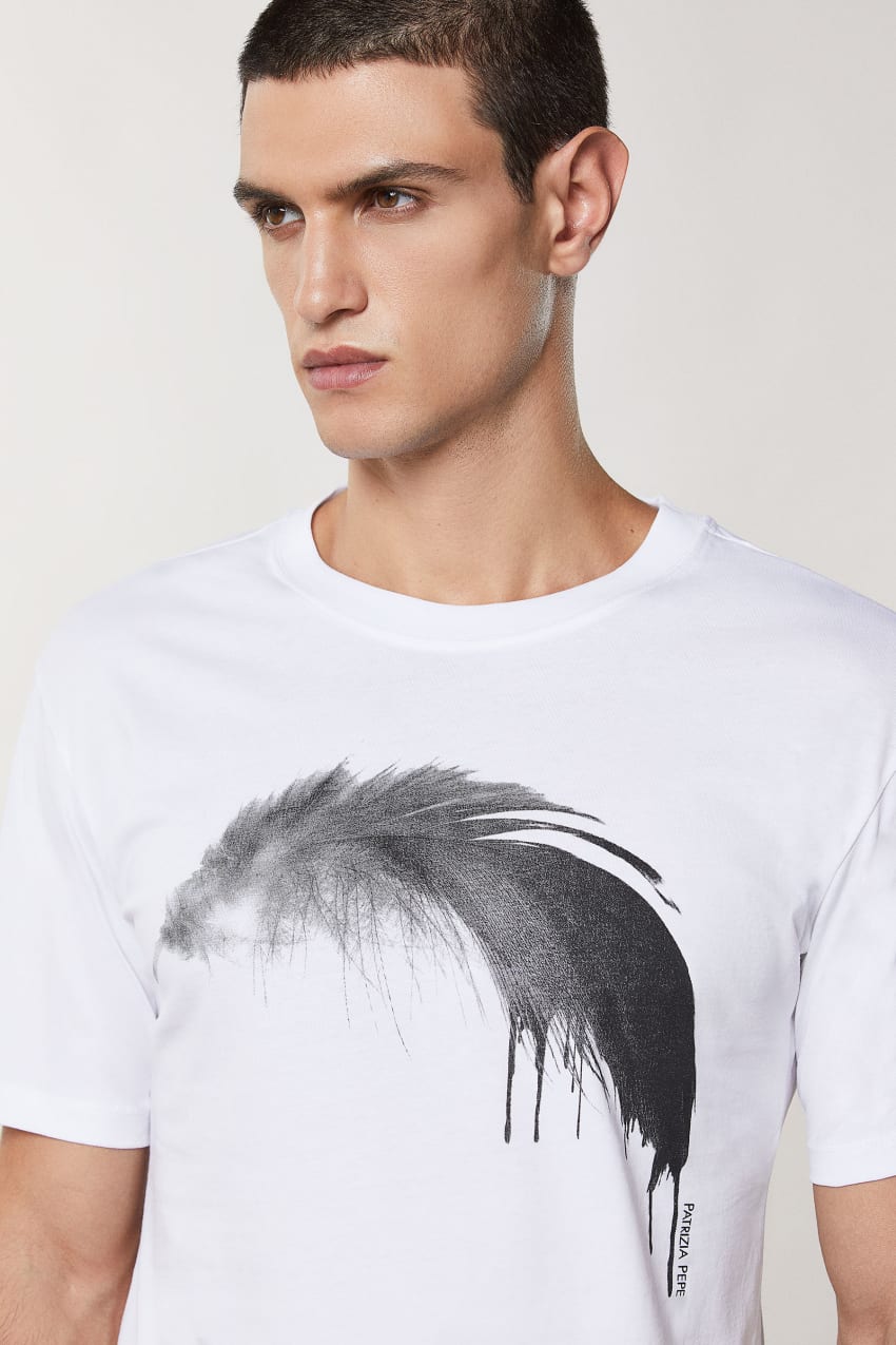 Patrizia Pepe Cotton T-shirt With Feather Print Branco | 5431-RISBG