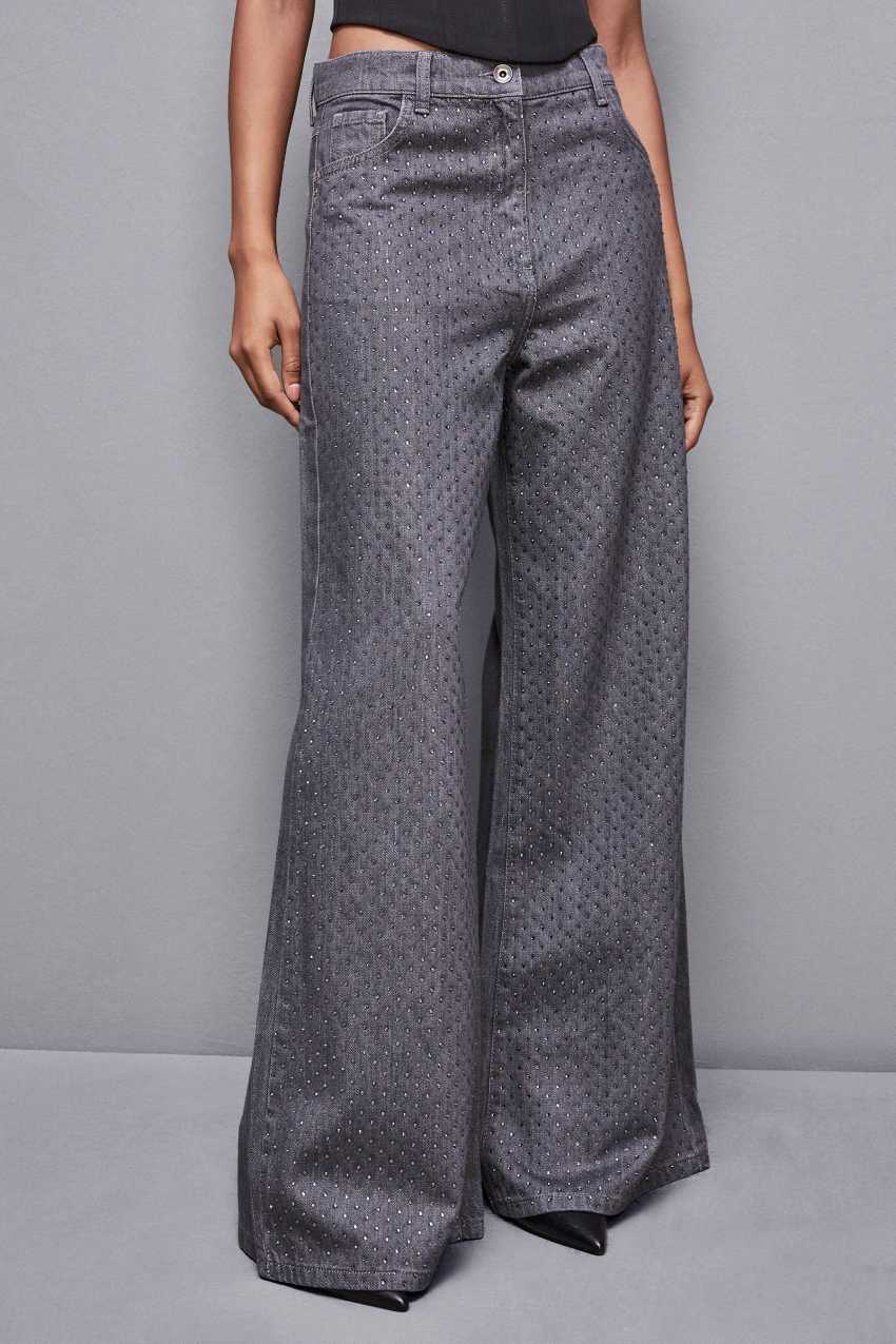 Patrizia Pepe Gray Wide Leg Low-waisted Jeans With Rhinestones Cinzentas | 3951-RPABH