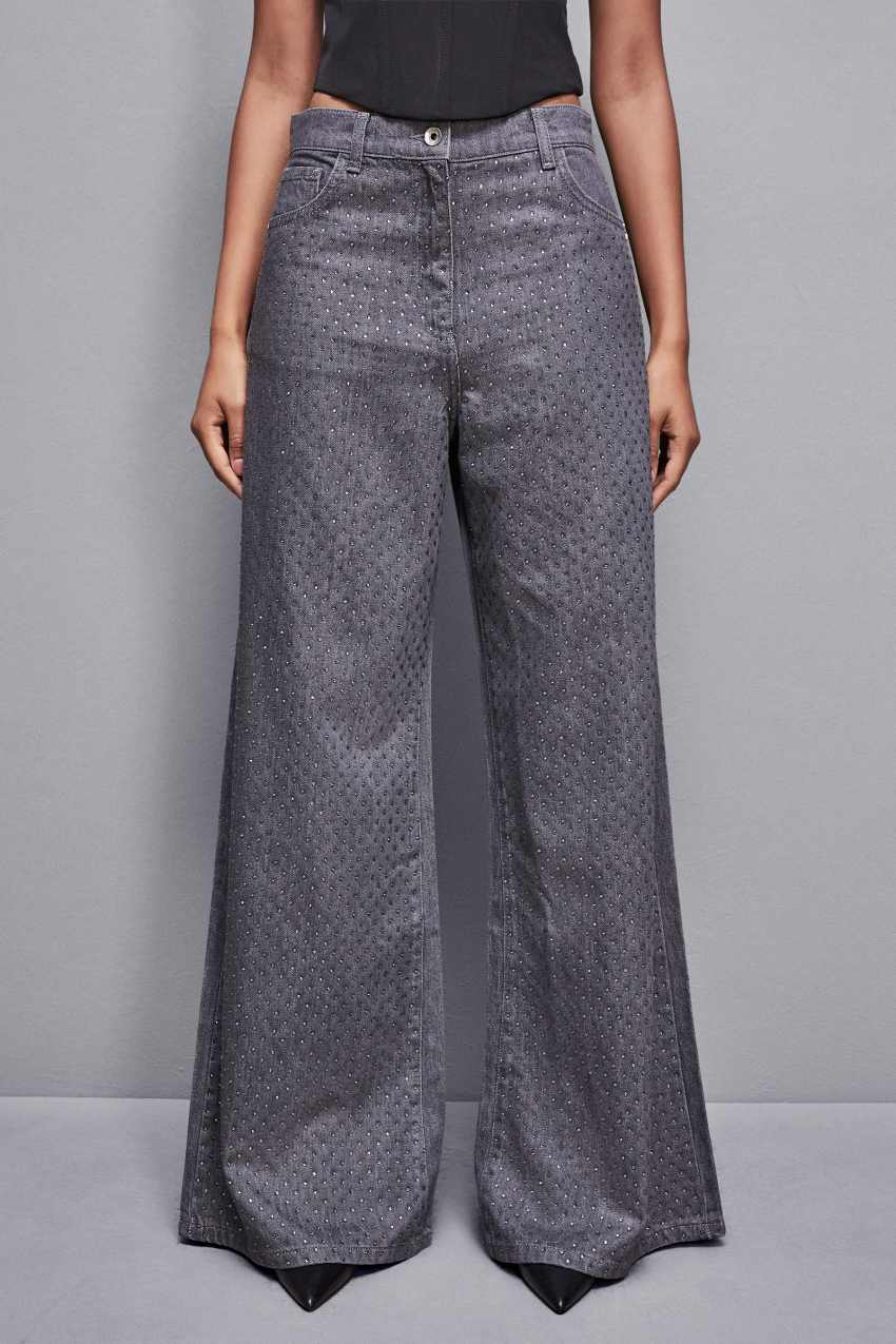 Patrizia Pepe Gray Wide Leg Low-waisted Jeans With Rhinestones Cinzentas | 3951-RPABH