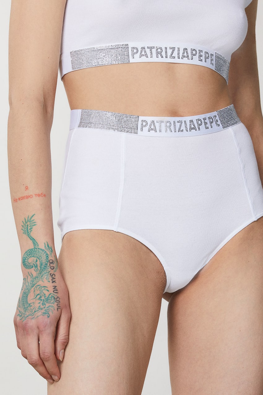 Patrizia Pepe High-waisted Briefs With Rhinestones Branco | 6417-QZWPX