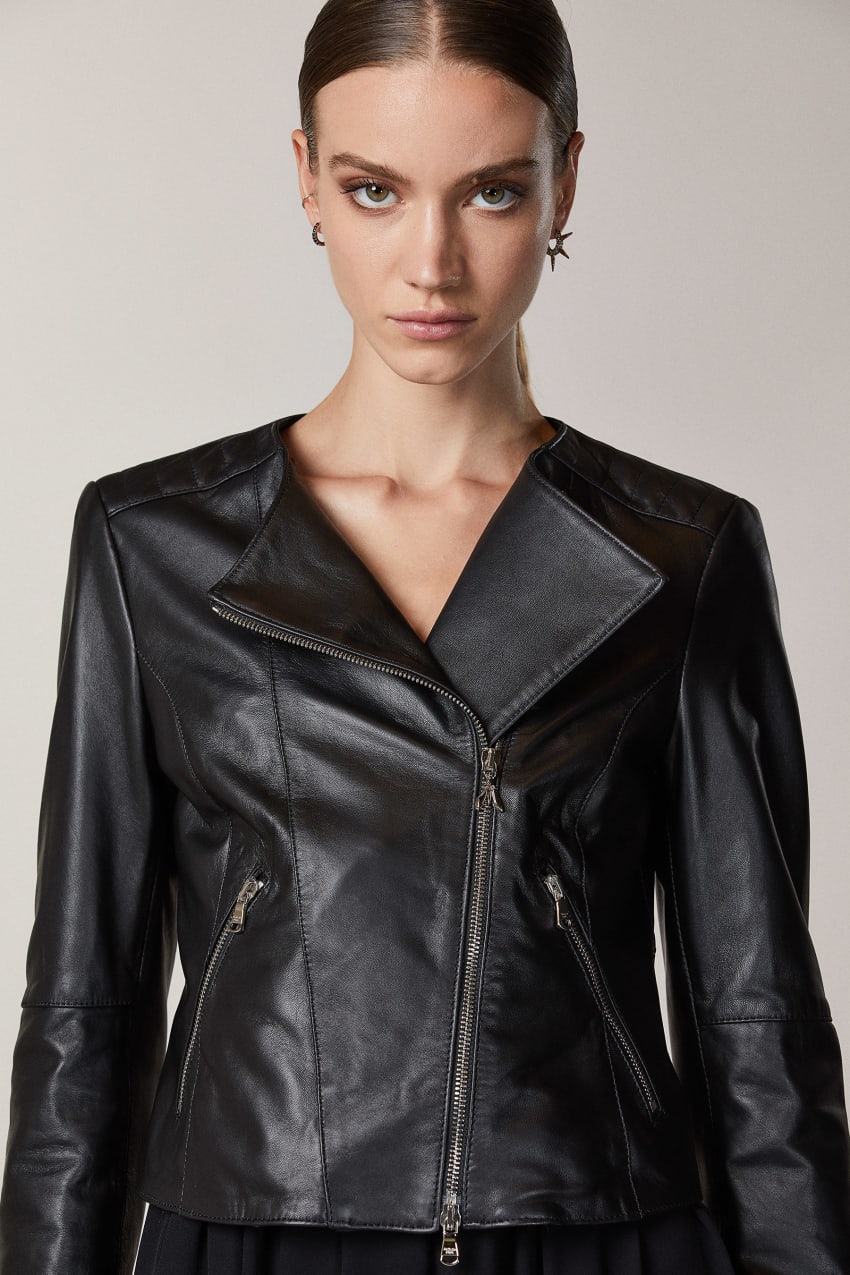 Patrizia Pepe Leather Biker Jacket With Top-stitching Pretas | 2041-ROMDG