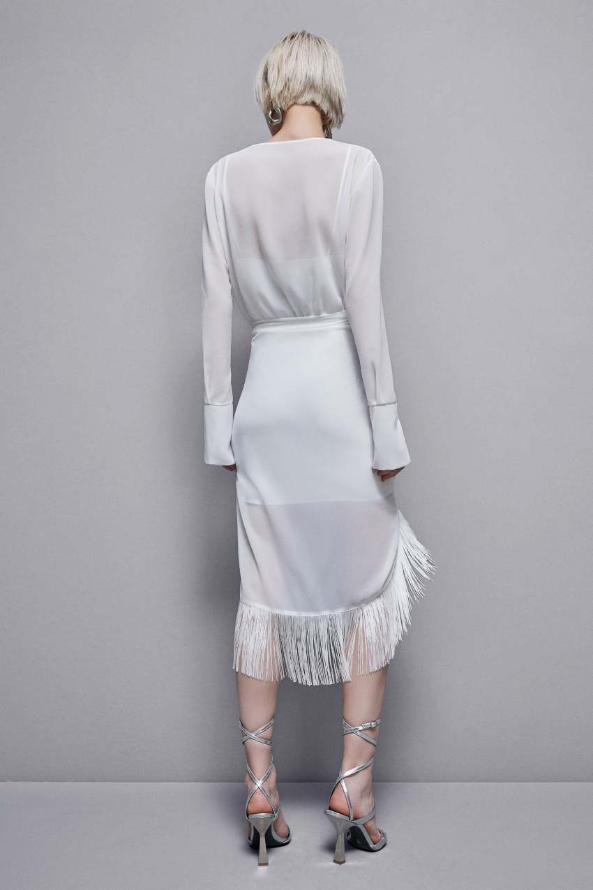 Patrizia Pepe Satin And Georgette Dress With Fringes Branco | 7213-YZGHK