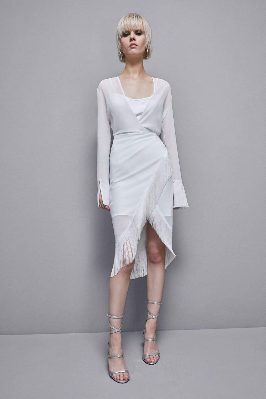 Patrizia Pepe Satin And Georgette Dress With Fringes Branco | 7213-YZGHK