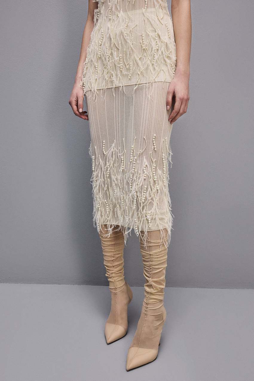 Patrizia Pepe Skirt With Feather And Pearl Embroidery Branco | 6395-HAFCJ