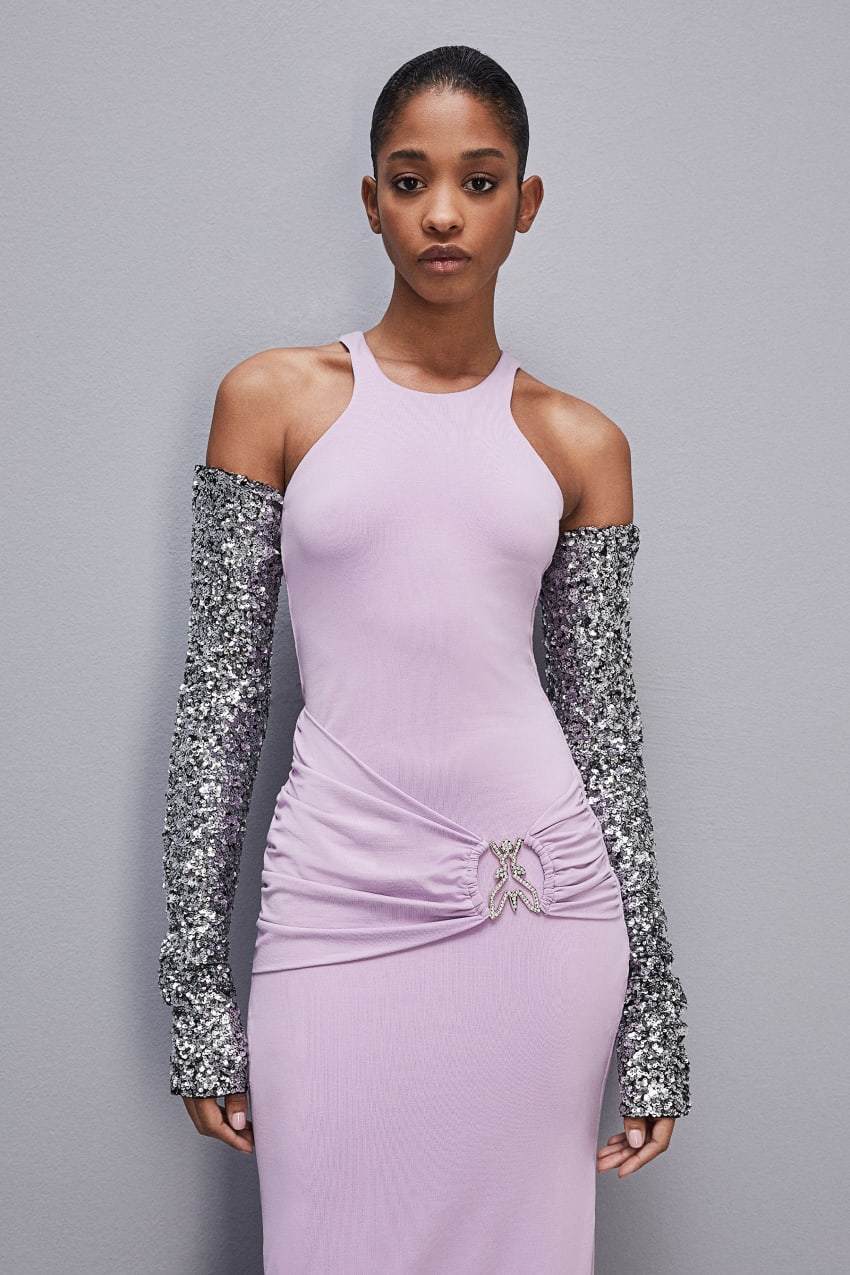 Patrizia Pepe Slim Dress In Jersey With Fly Rhinestones Roxo | 5018-BKLAV