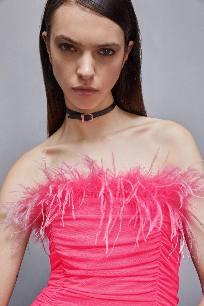 Patrizia Pepe Tulle And Jersey Midi Dress With Feathers Rosa | 9413-WORMU