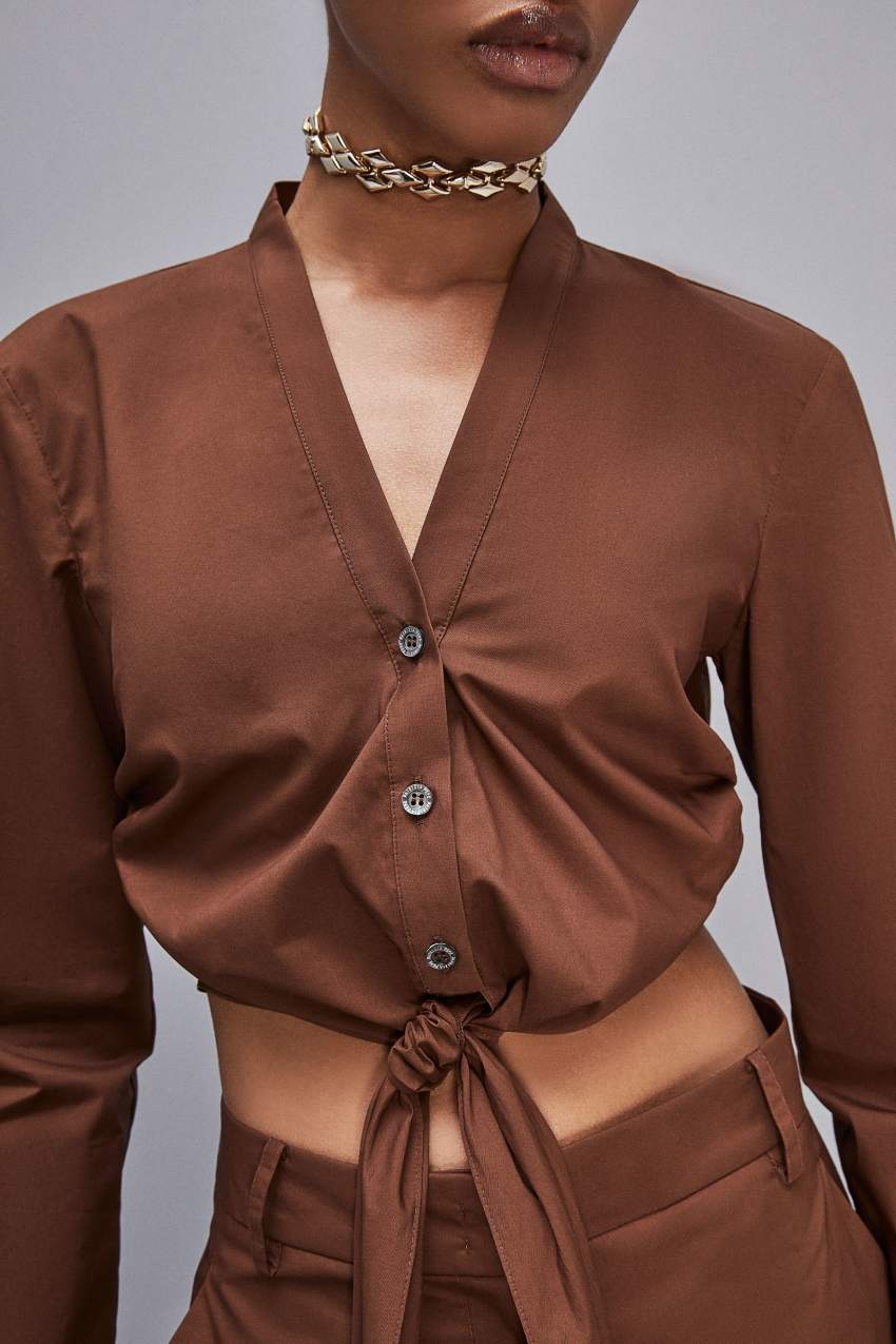 Patrizia Pepe V-neck Shirt With Knot Marrom | 0198-KHBGS